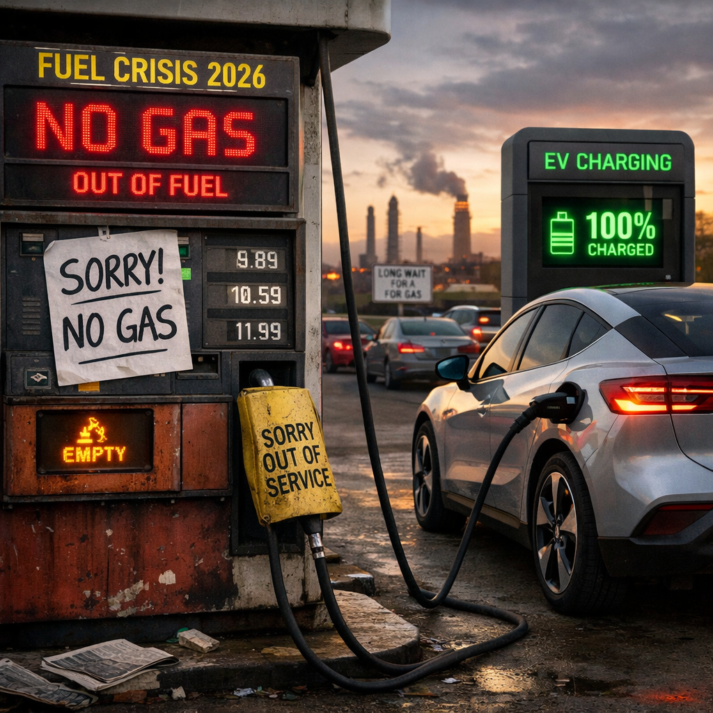 Electric car charging at EV station while gas pump shows out of gas and no service signs