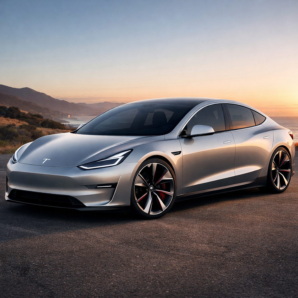 Silver Tesla Model S electric car parked on coastal road at sunset