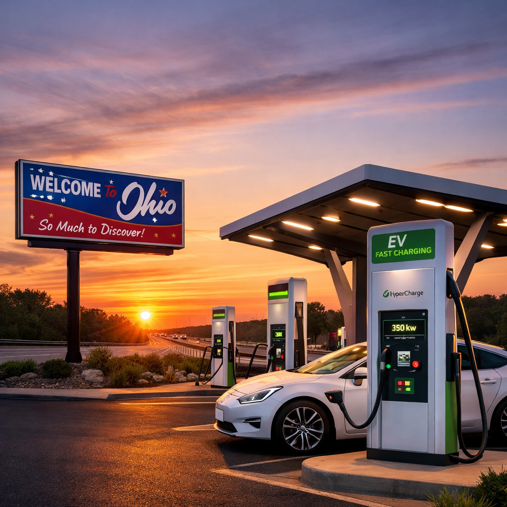Electric vehicle charging at fast charging station near Welcome to Ohio sign at sunset