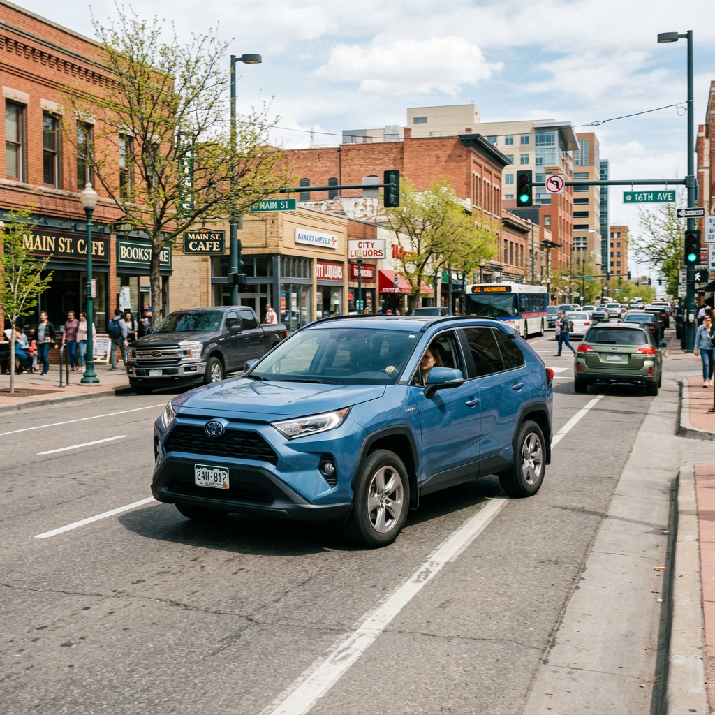 Blue SUV driving on Main Street near shops and pedestrians