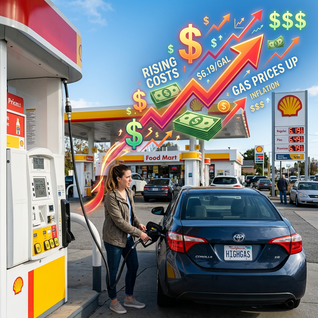 A woman fueling her car at a gas station with graphic elements showing rising gas prices and inflation