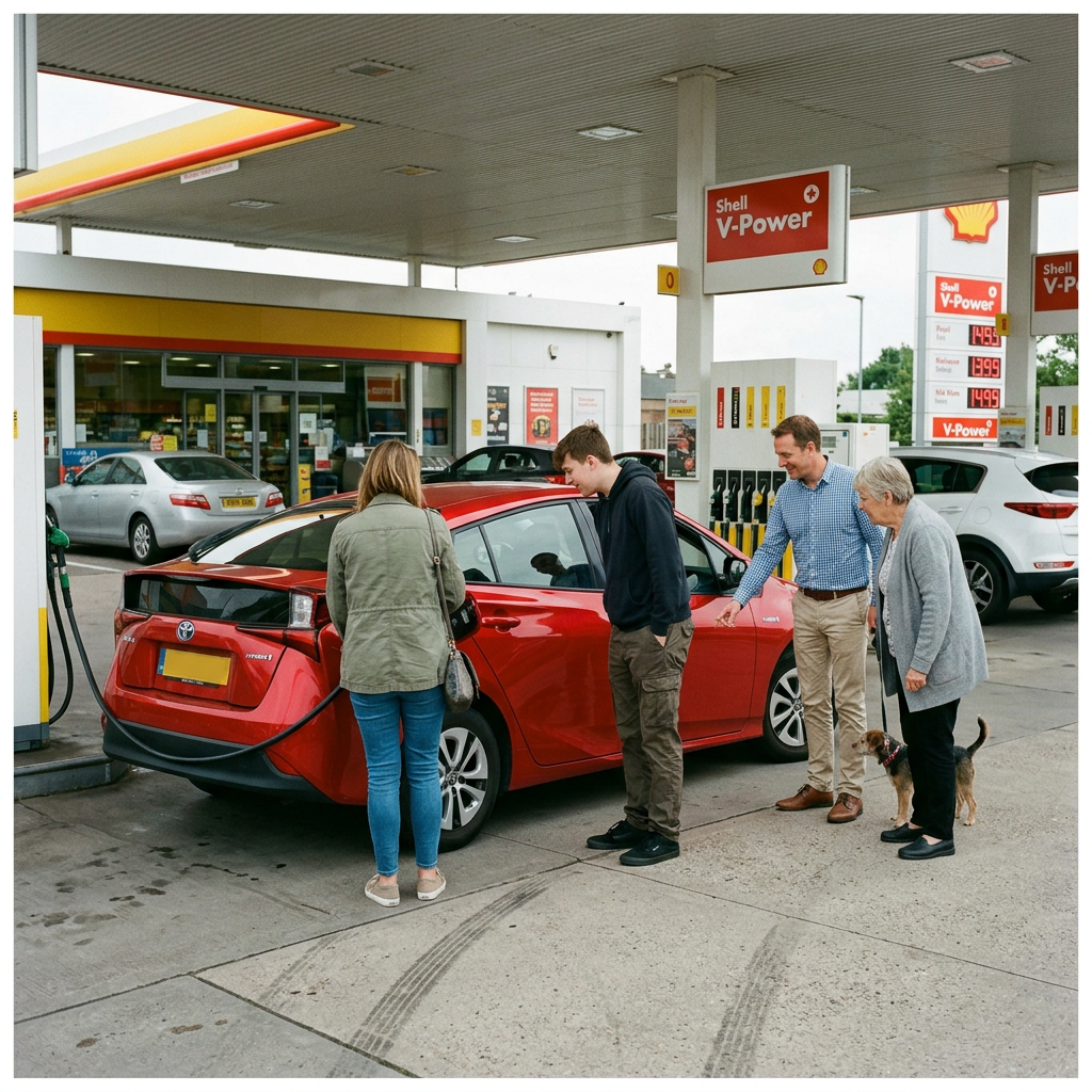 Red hybrid car at gas station with onlookers