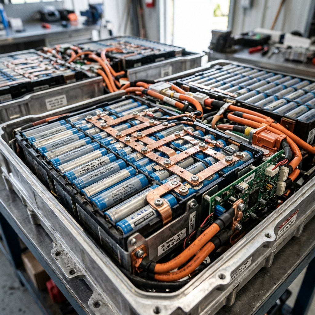 Electric vehicle battery pack with blue cylindrical cells connected by copper strips and orange high-voltage cables