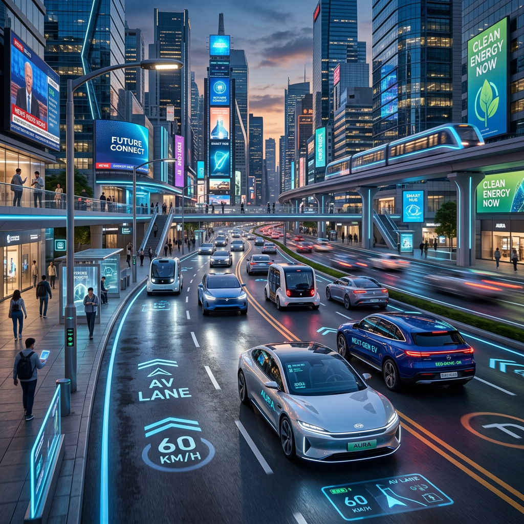 City street with autonomous electric vehicles in AV lanes and clean energy billboards