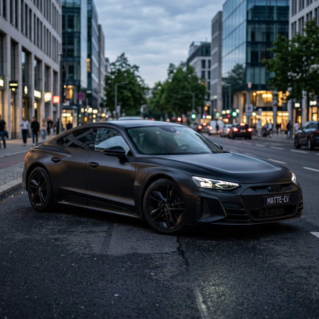 Matte black Audi electric sedan parked on urban street with headlights on