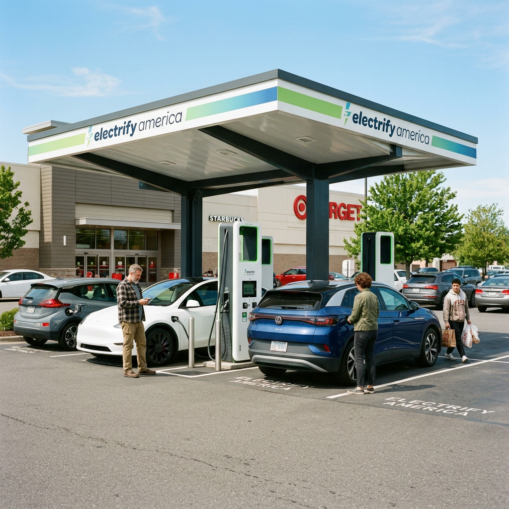Electric vehicles parked and charging at Electrify America station near retail stores