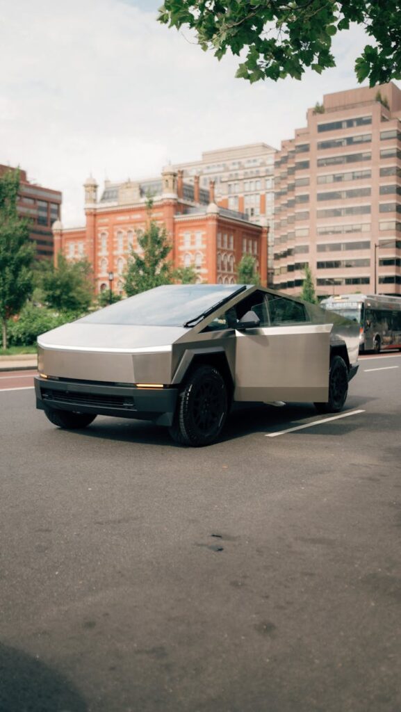 photo of a tesla cybertruck on the street in a city
