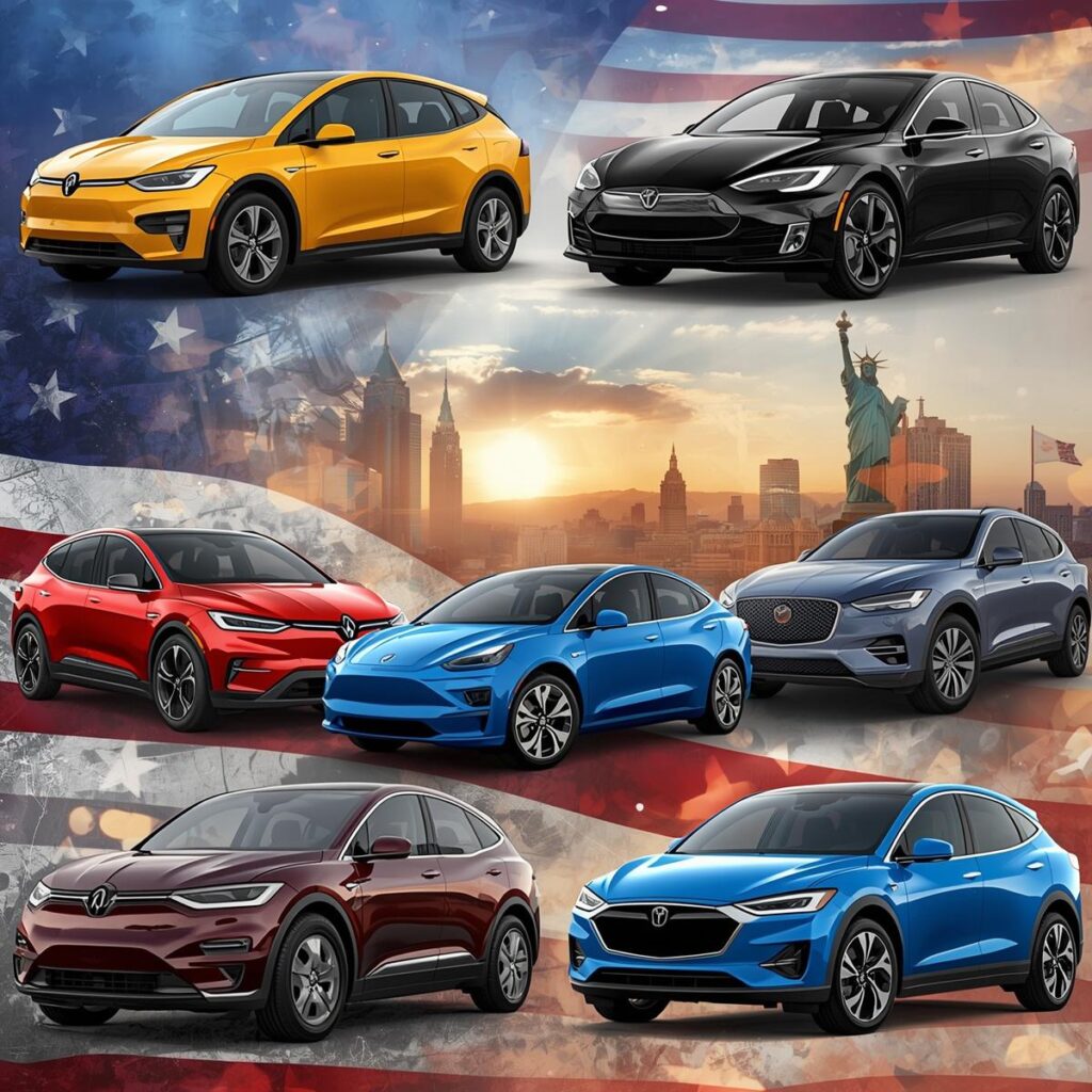 Electric cars on American flag background